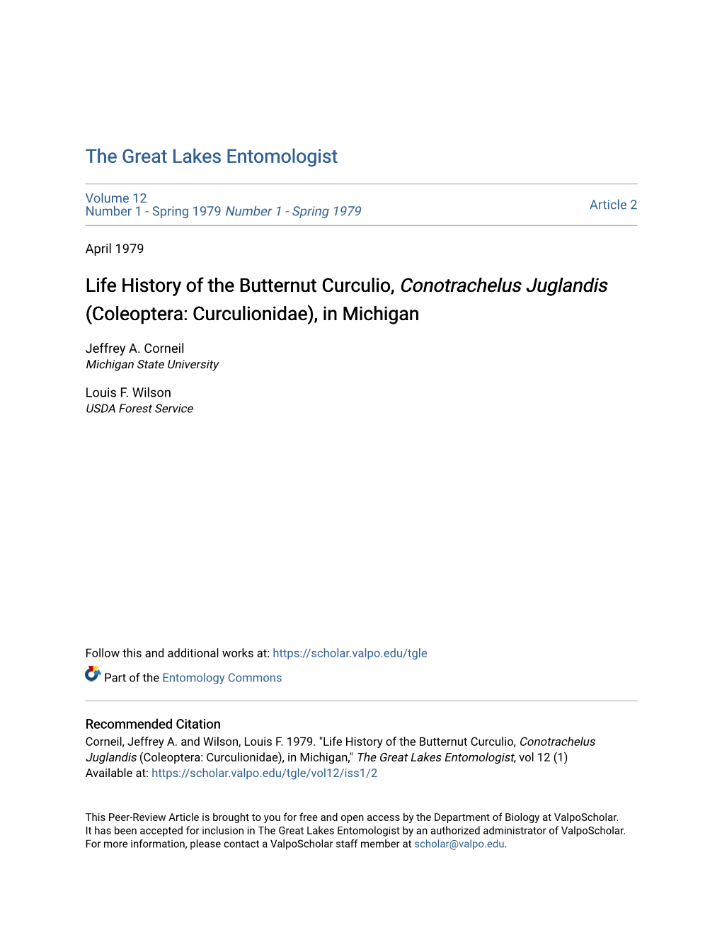 Life History of the Butternut Curculio, Conotrachelus Juglandis (Coleoptera: Curculionidae), in Michigan