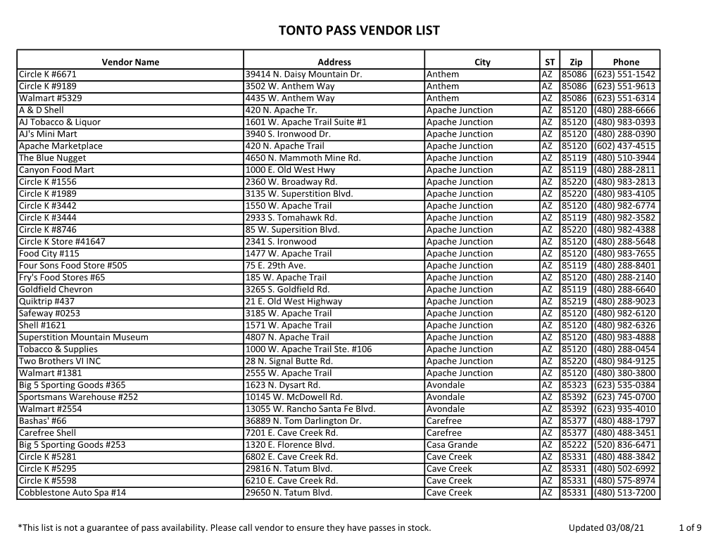 Tonto Pass Vendor List