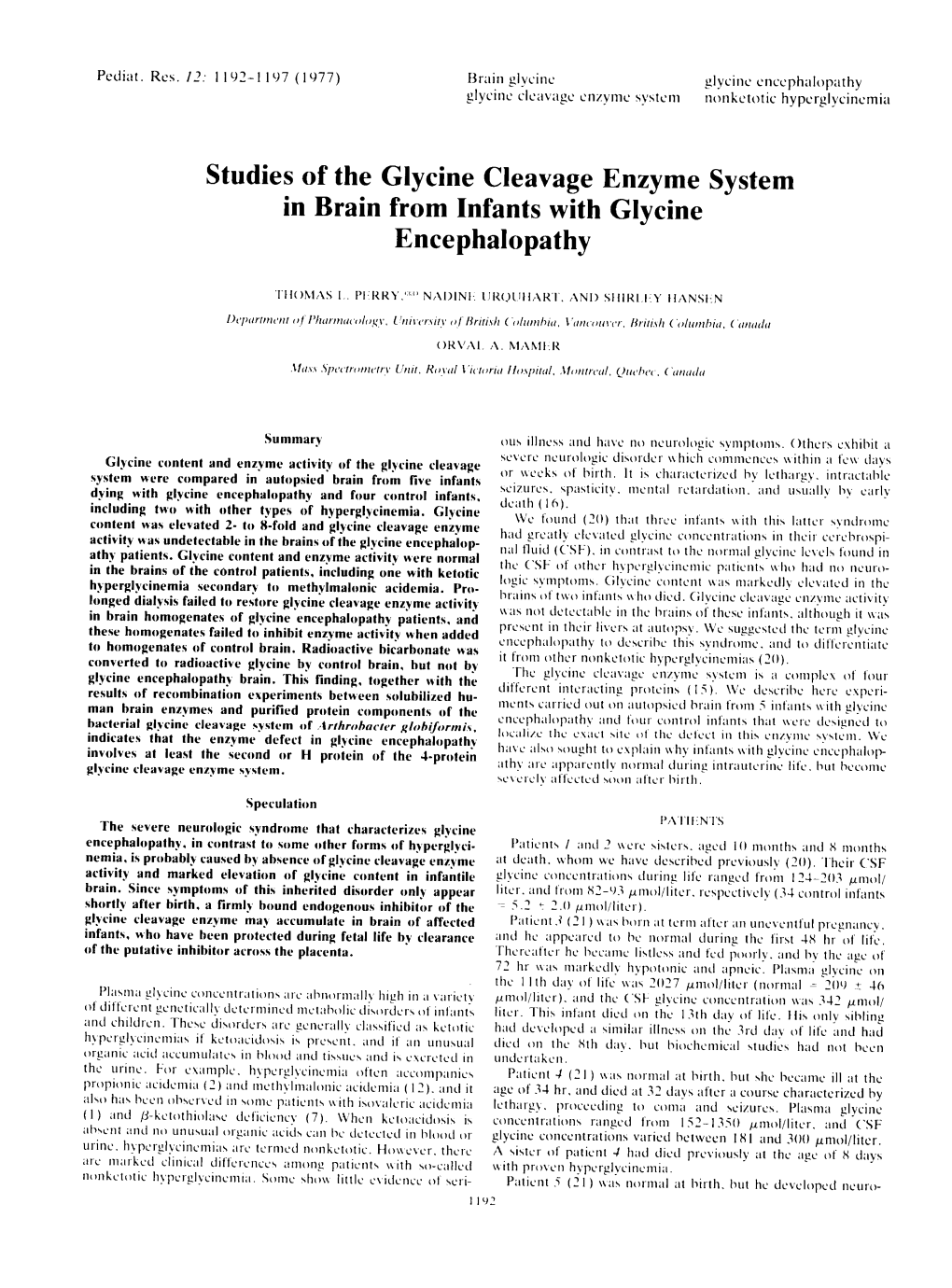 Studies of the Glycine Cleavage Enzyme System in Brain from Infants with Glycine Encephalopathy