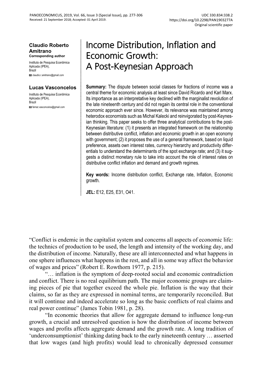 Income Distribution, Inflation and Economic Growth in Open Economies and with Gov- Ernment