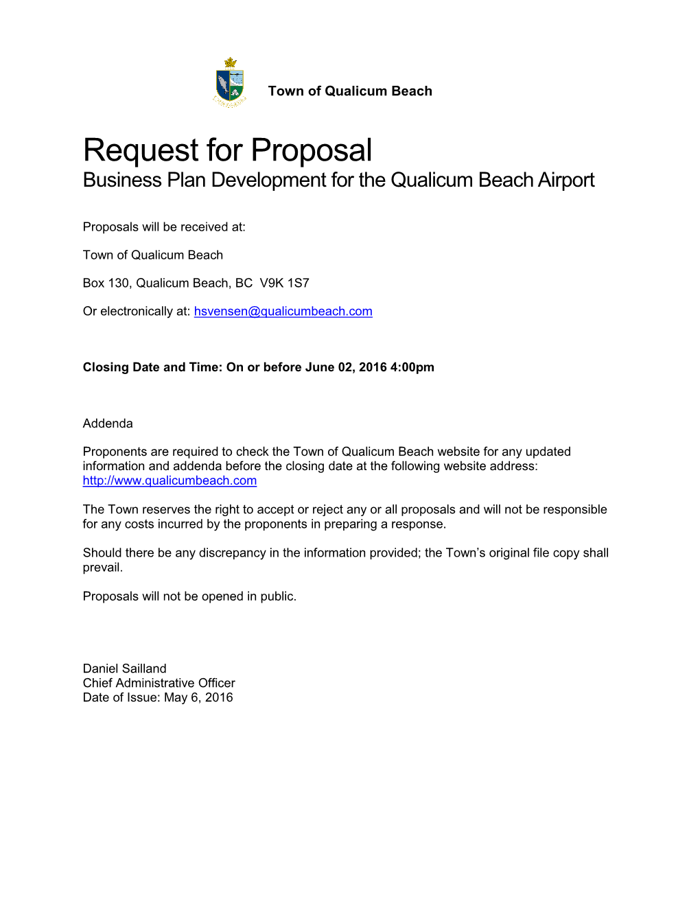 Request for Proposal Business Plan Development for the Qualicum Beach Airport