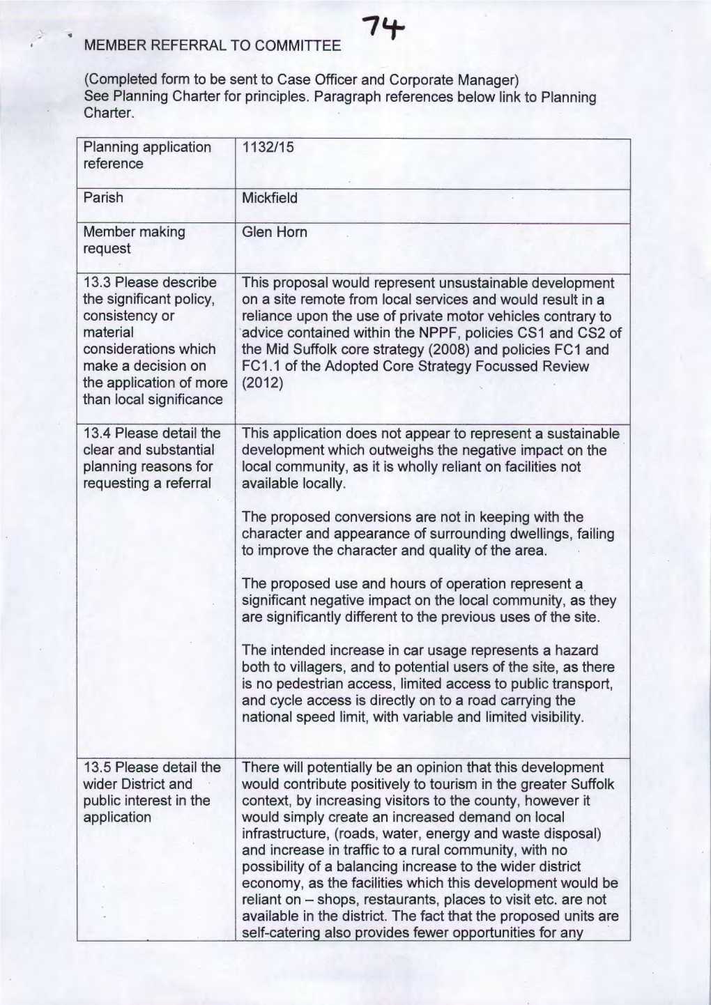 Completed Form to Be Sent to Case Officer and Corporate Manager) See Planning Charter for Principles