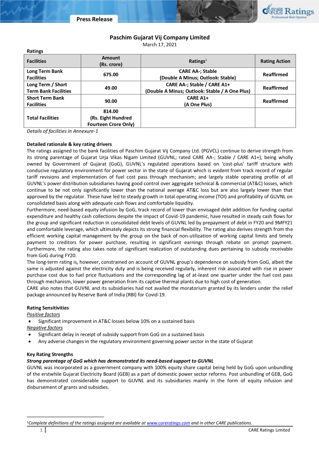 Press Release Paschim Gujarat Vij Company Limited