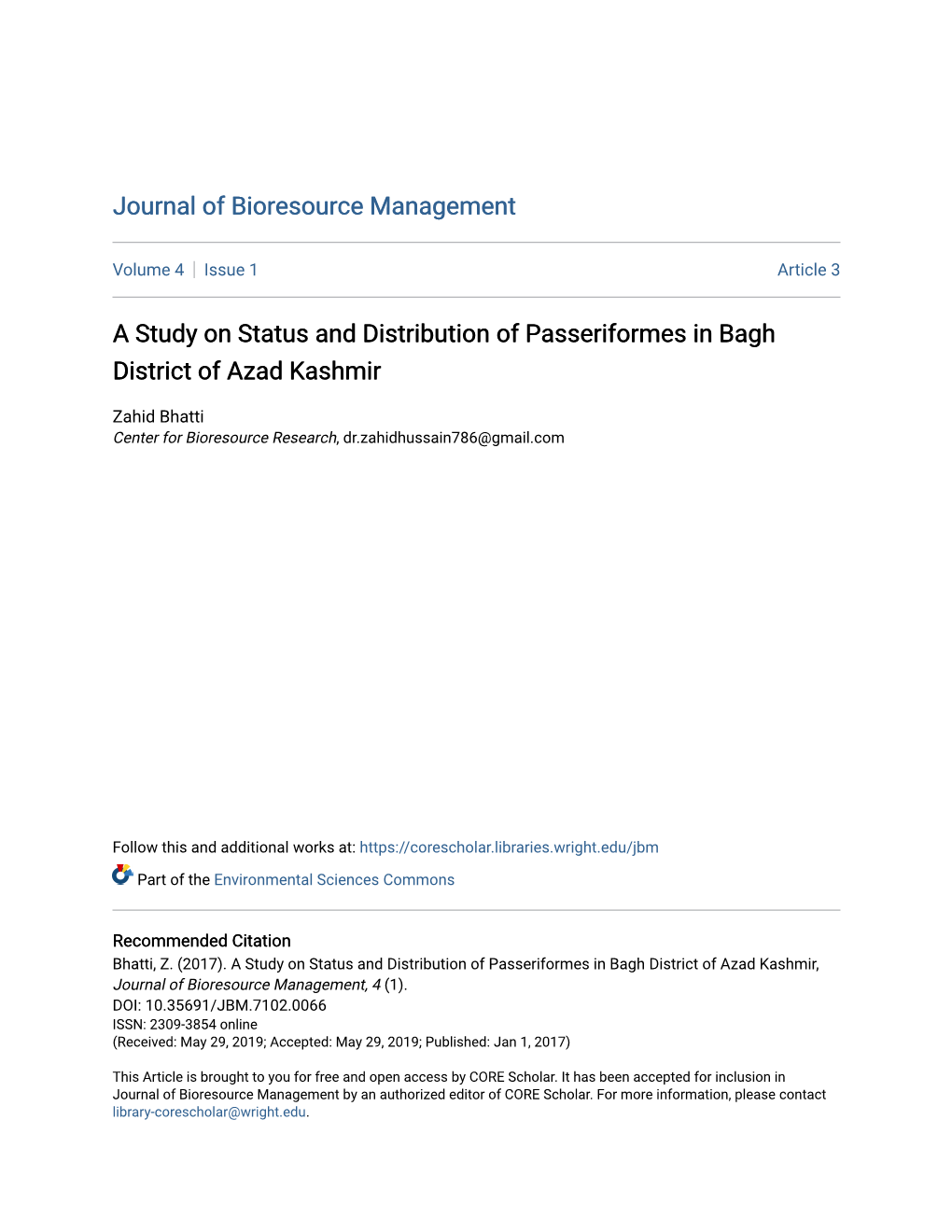 A Study on Status and Distribution of Passeriformes in Bagh District of Azad Kashmir