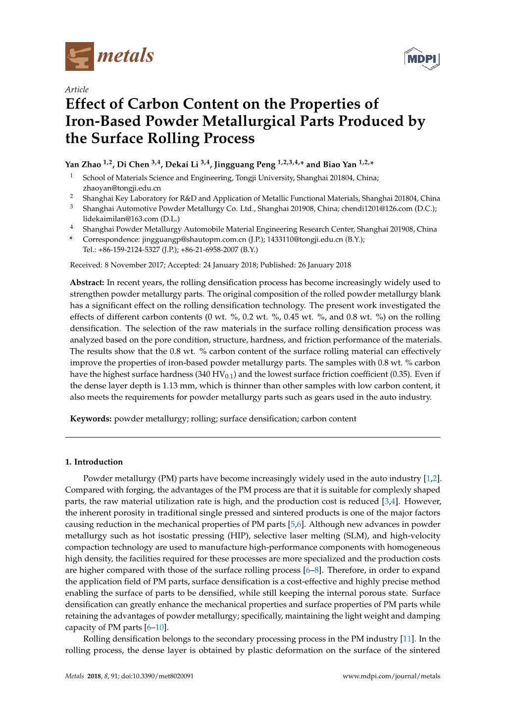 Effect of Carbon Content on the Properties of Iron-Based Powder Metallurgical Parts Produced by the Surface Rolling Process