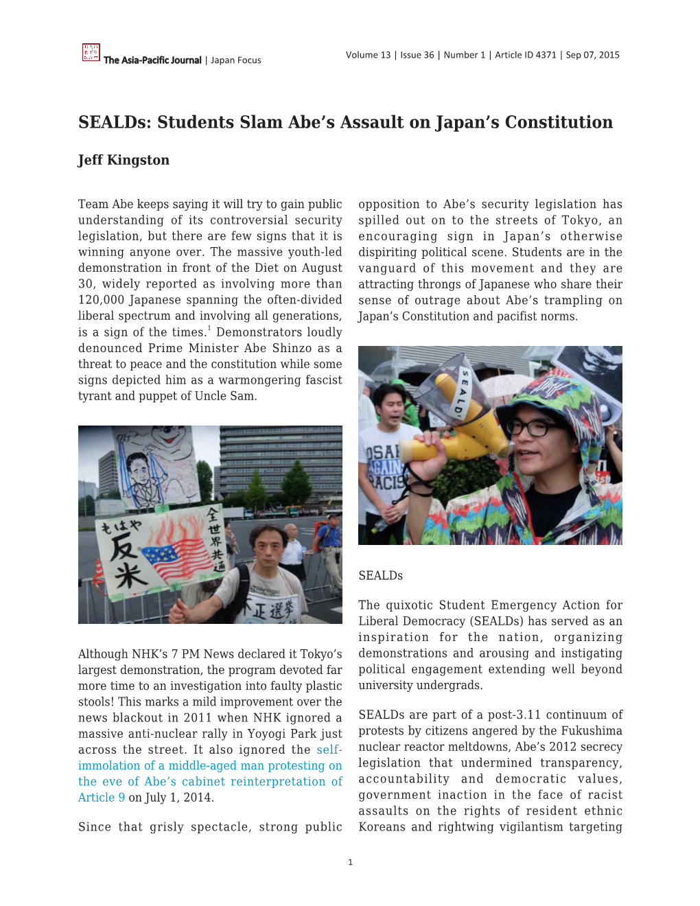 Sealds: Students Slam Abe’S Assault on Japan’S Constitution