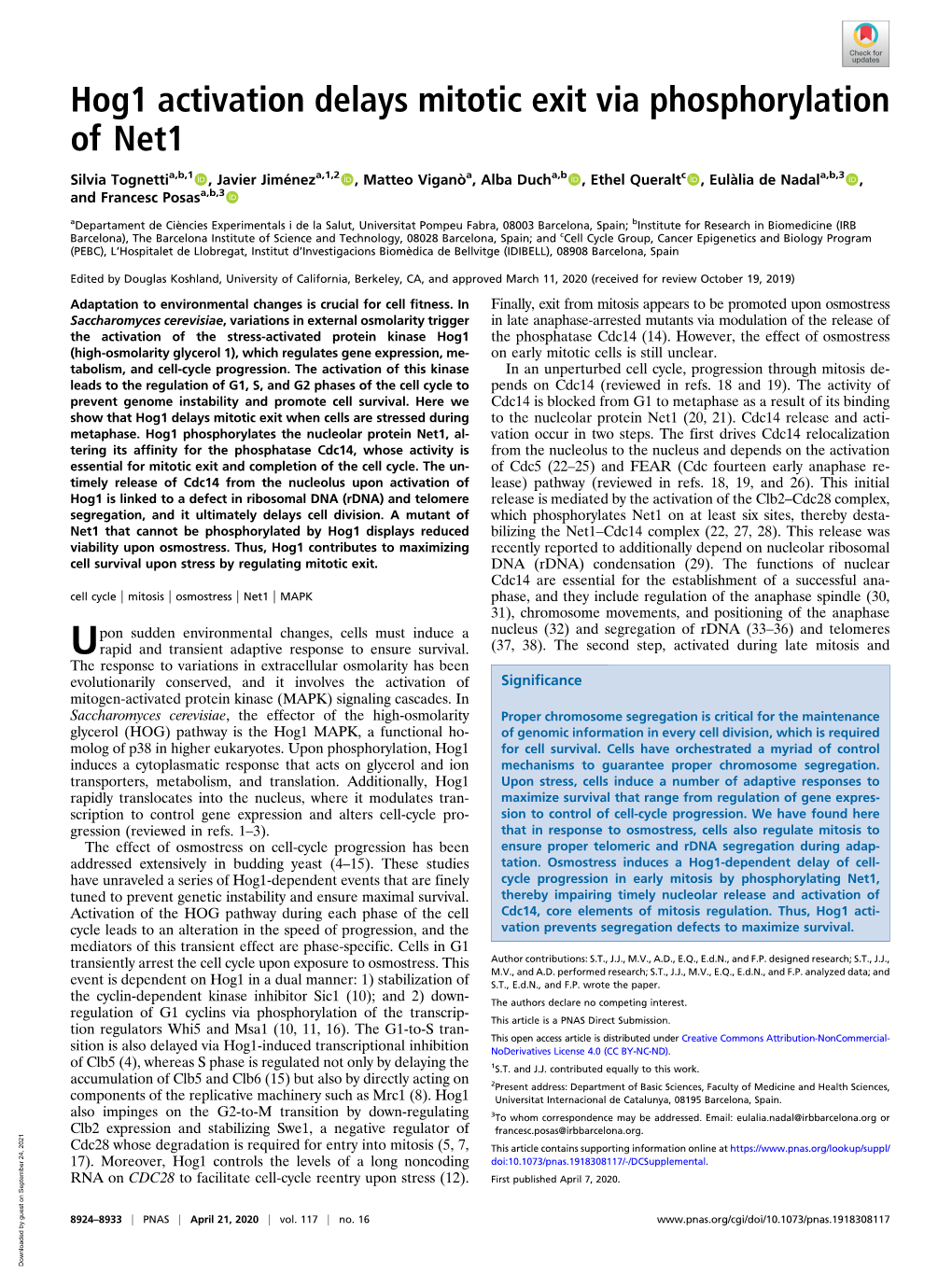 Hog1 Activation Delays Mitotic Exit Via Phosphorylation of Net1