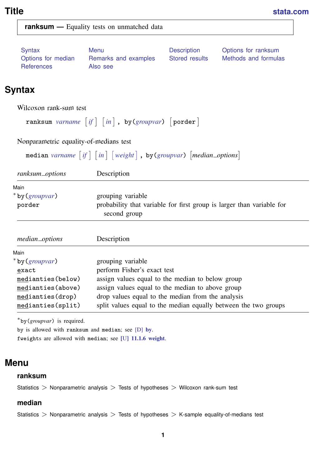 Ranksum — Equality Tests on Unmatched Data