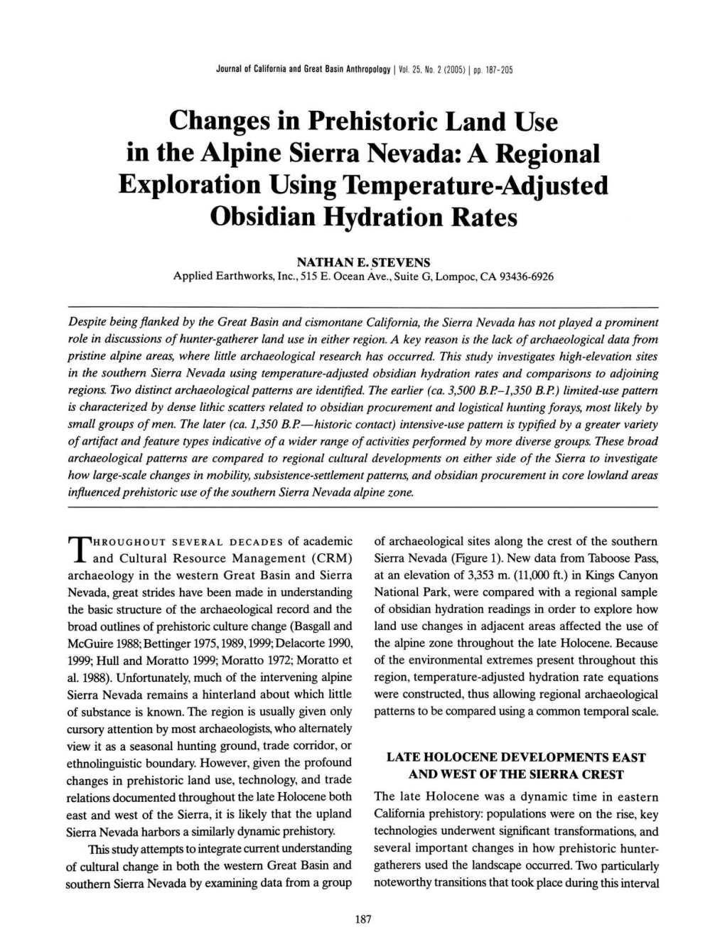 Changes in Prehistoric Land Use in the Alpine Sierra Nevada: a Regional Exploration Using Temperature-Adjusted Obsidian Hydration Rates