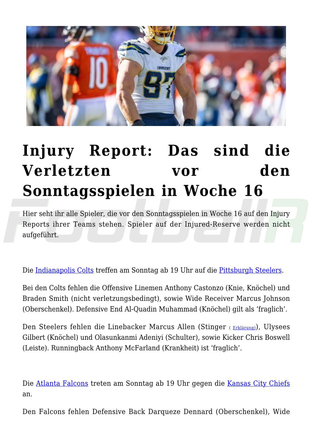 Injury Report: Das Sind Die Verletzten Vor Den Sonntagsspielen in Woche 16