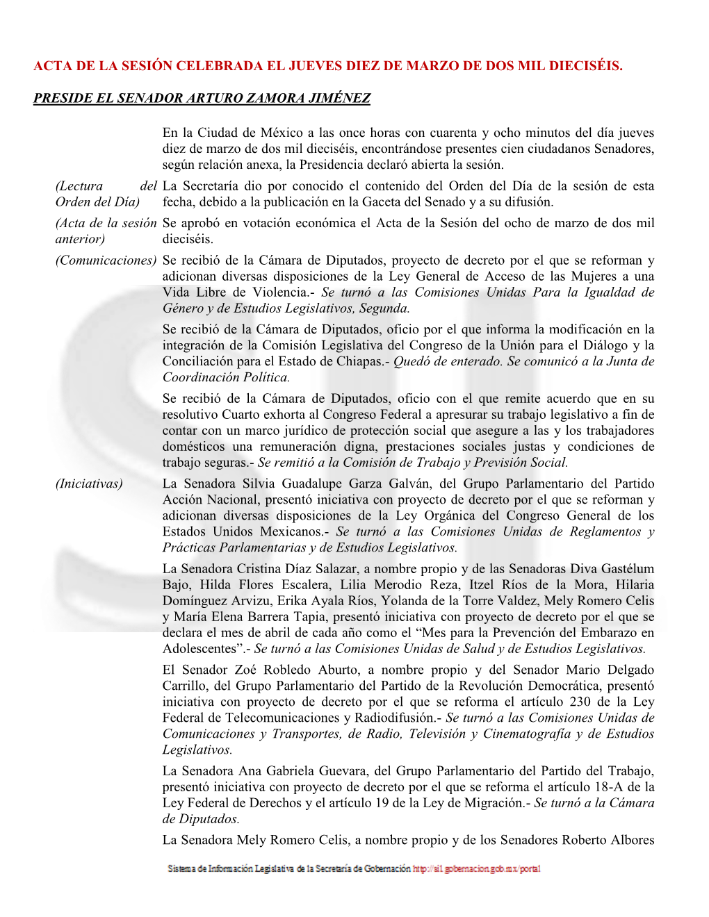 Acta De La Sesión Celebrada El Jueves Diez De Marzo De Dos Mil Dieciséis