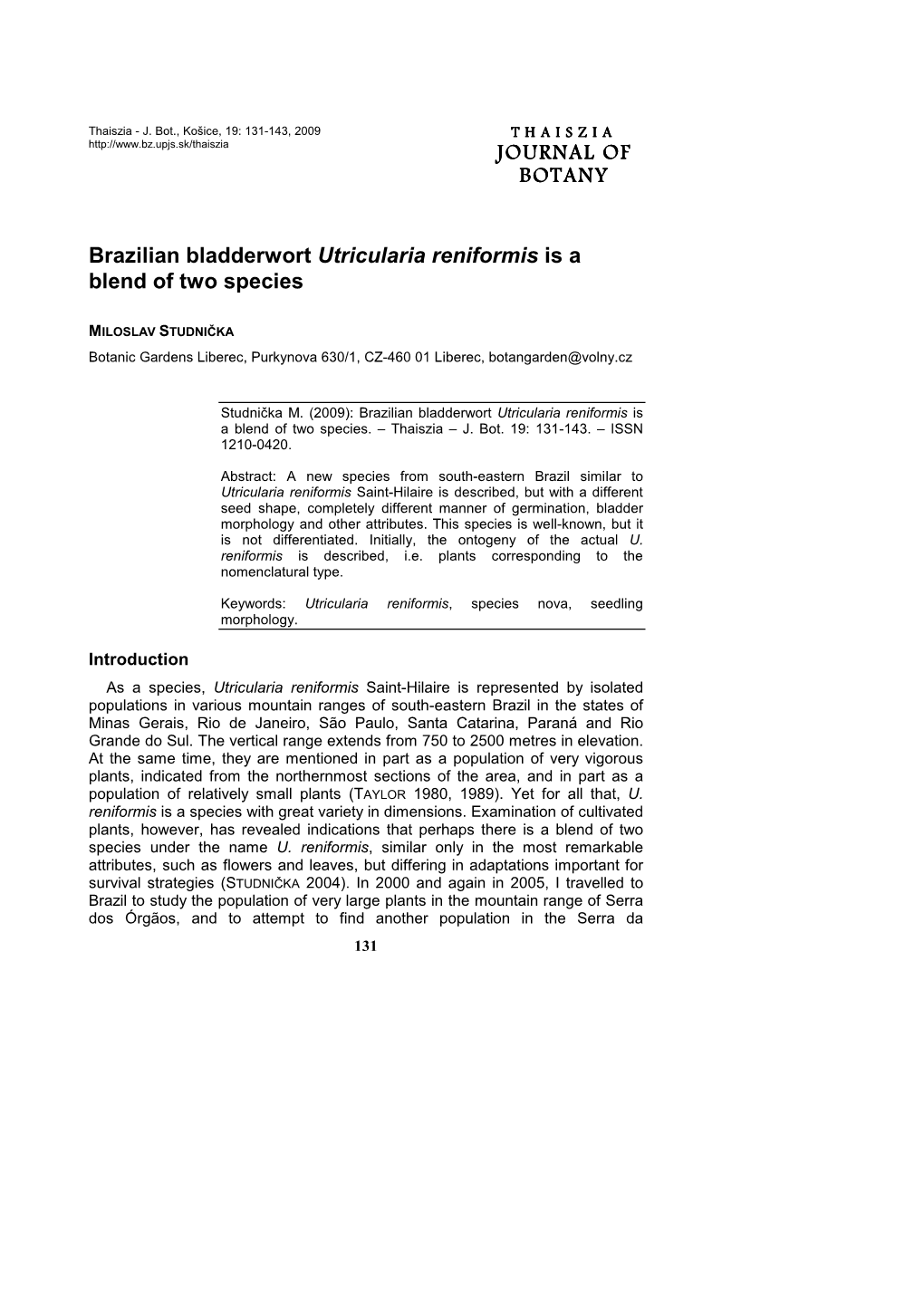 JOURNAL of JOURNAL of BOTANY Brazilian Bladderwort Utricularia