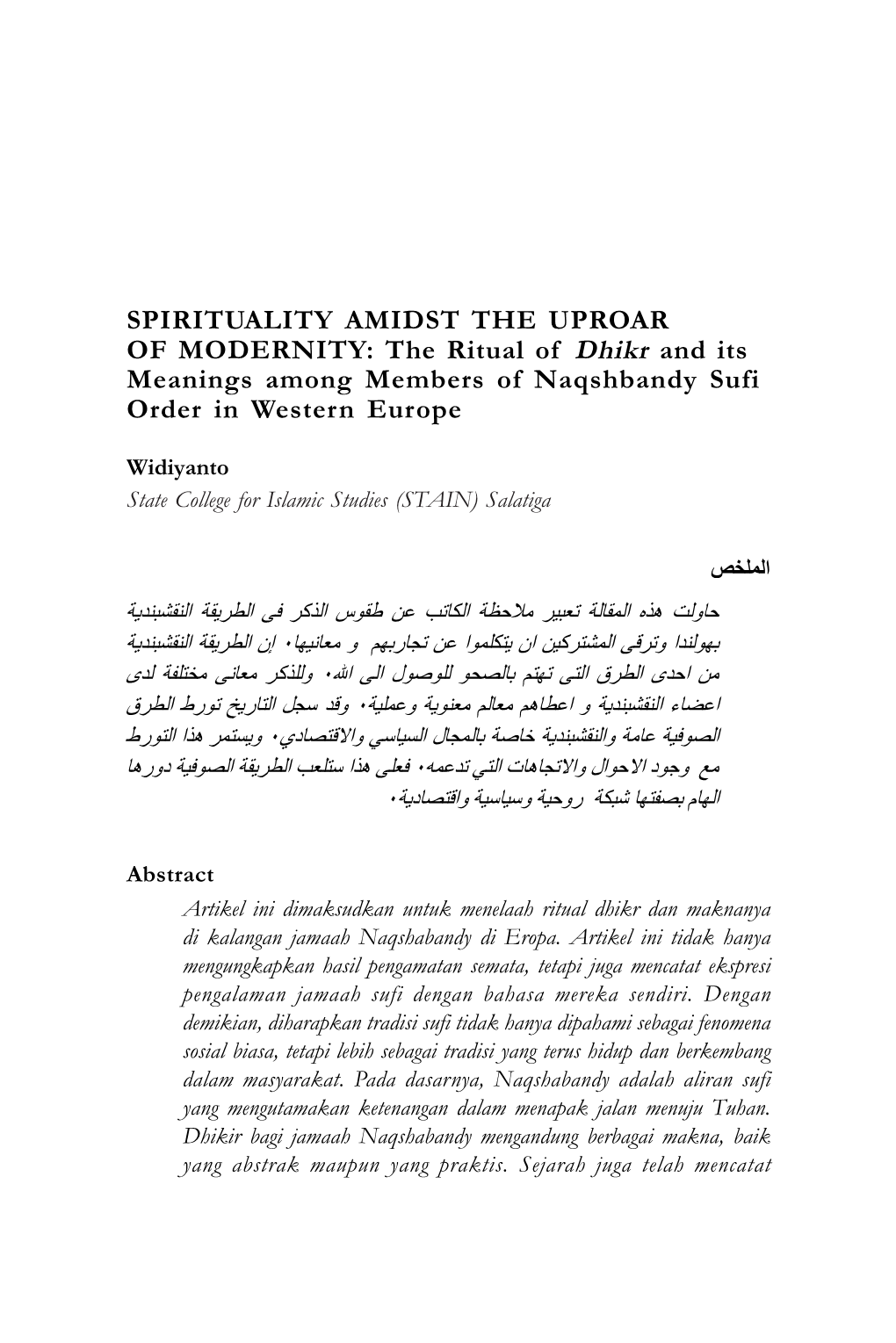 The Ritual of Dhikr and Its Meanings Among Members of Naqshbandy Sufi Order in Western Europe