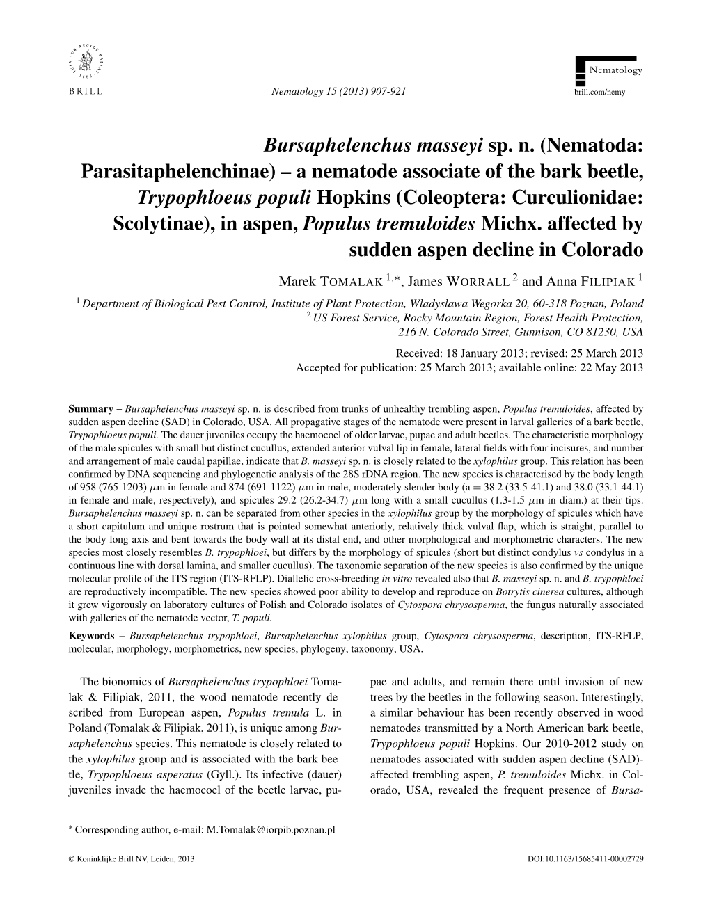 Bursaphelenchus Masseyi Sp. N. (Nematoda: Parasitaphelenchinae