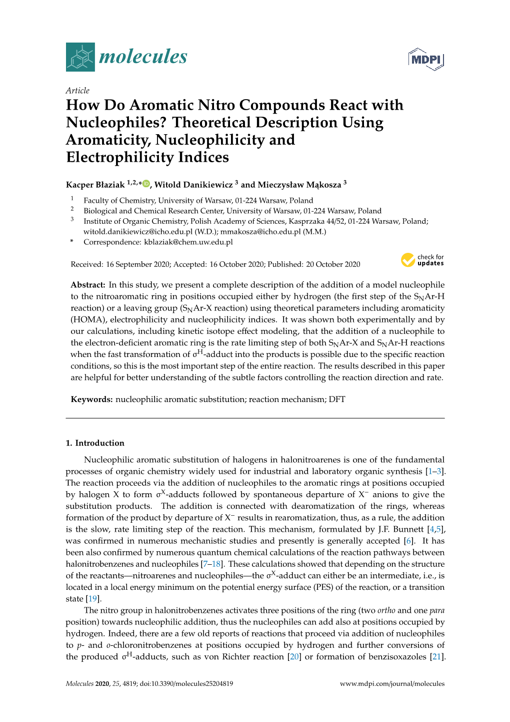 How Do Aromatic Nitro Compounds React with Nucleophiles? Theoretical Description Using Aromaticity, Nucleophilicity and Electrophilicity Indices