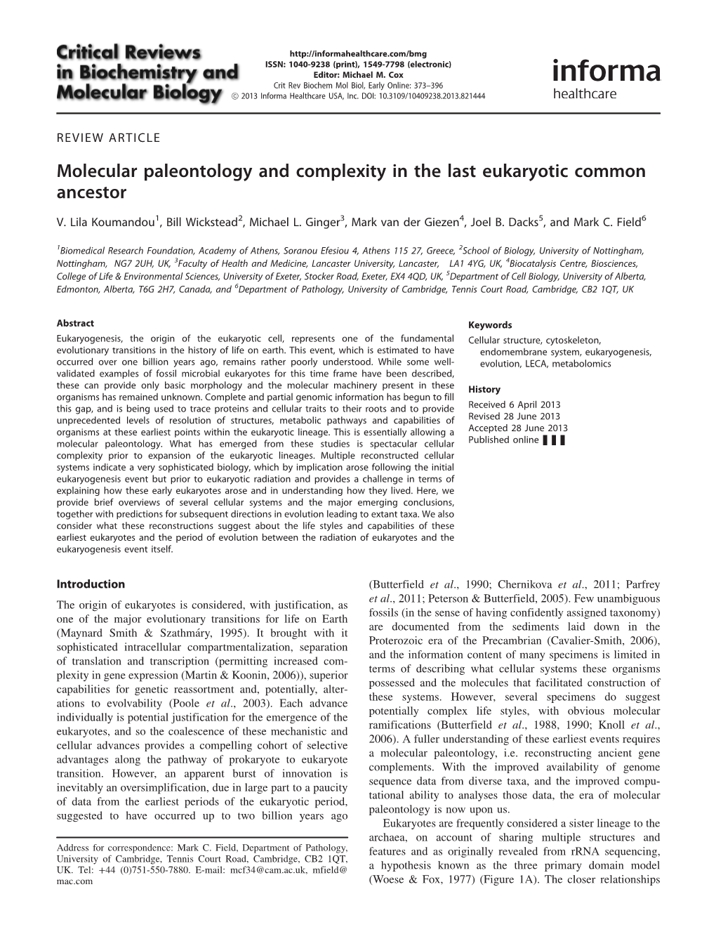 Molecular Paleontology and Complexity in the Last Eukaryotic Common Ancestor