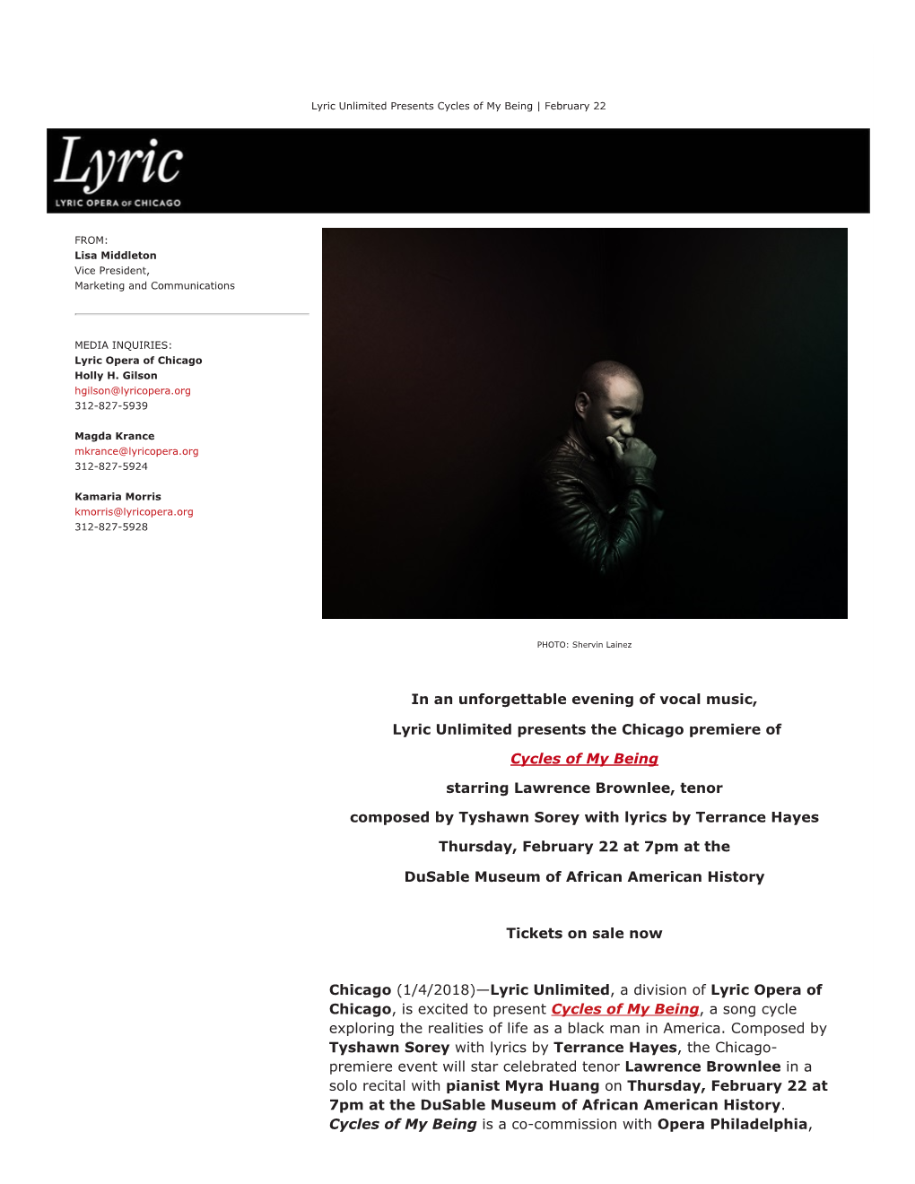 In an Unforgettable Evening of Vocal Music, Lyric Unlimited Presents the Chicago Premiere of Cycles of My Being Starring Lawrenc