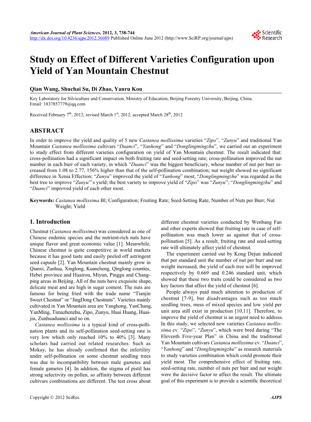 Study on Effect of Different Varieties Configuration Upon Yield of Yan Mountain Chestnut