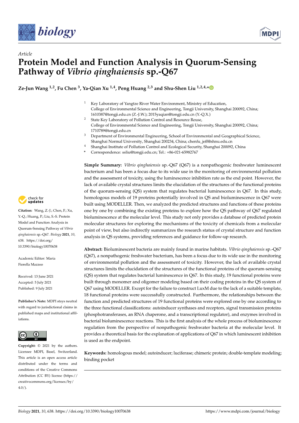 Protein Model and Function Analysis in Quorum-Sensing Pathway of Vibrio Qinghaiensis Sp.-Q67