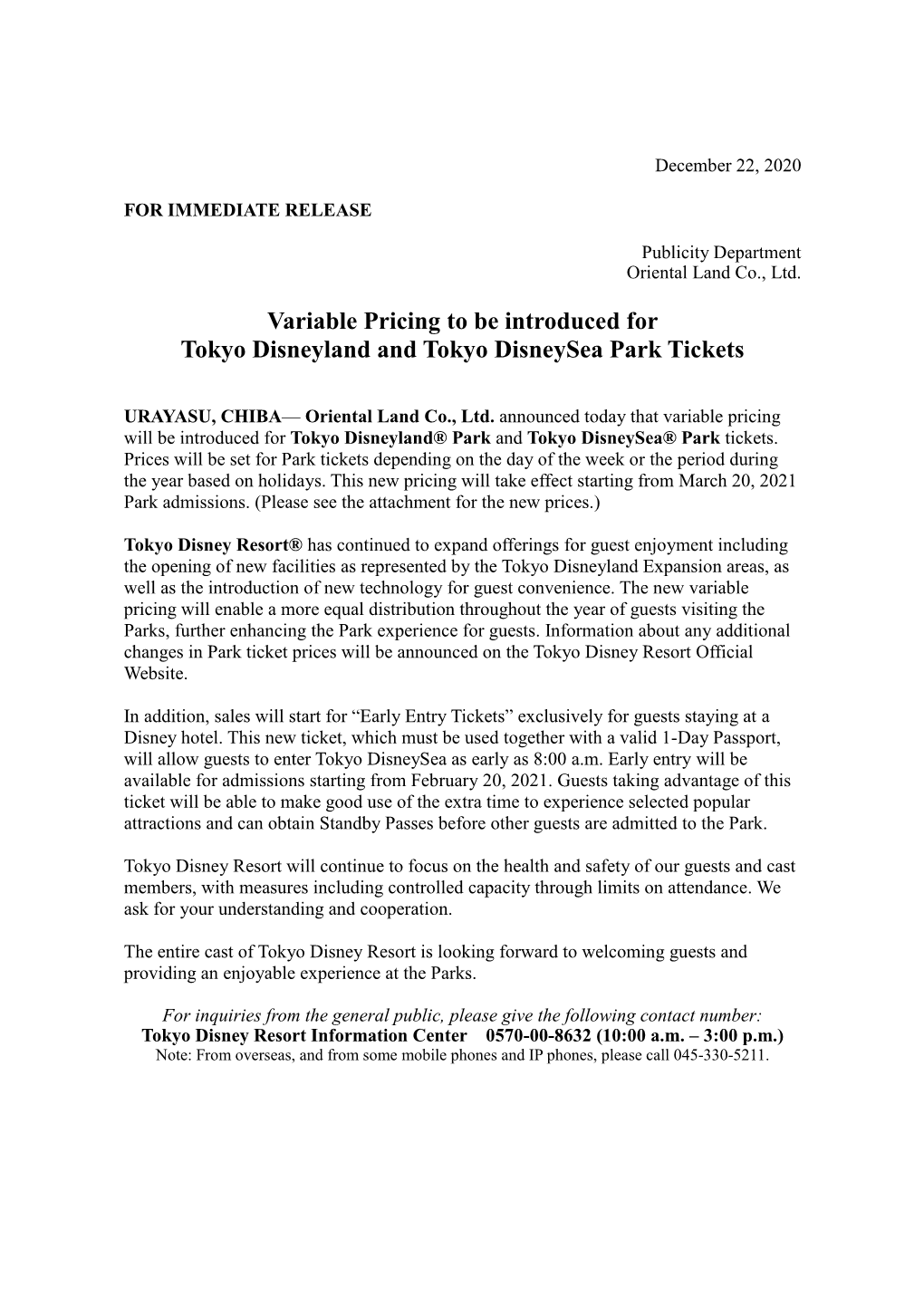 Variable Pricing to Be Introduced for Tokyo Disneyland and Tokyo Disneysea Park Tickets