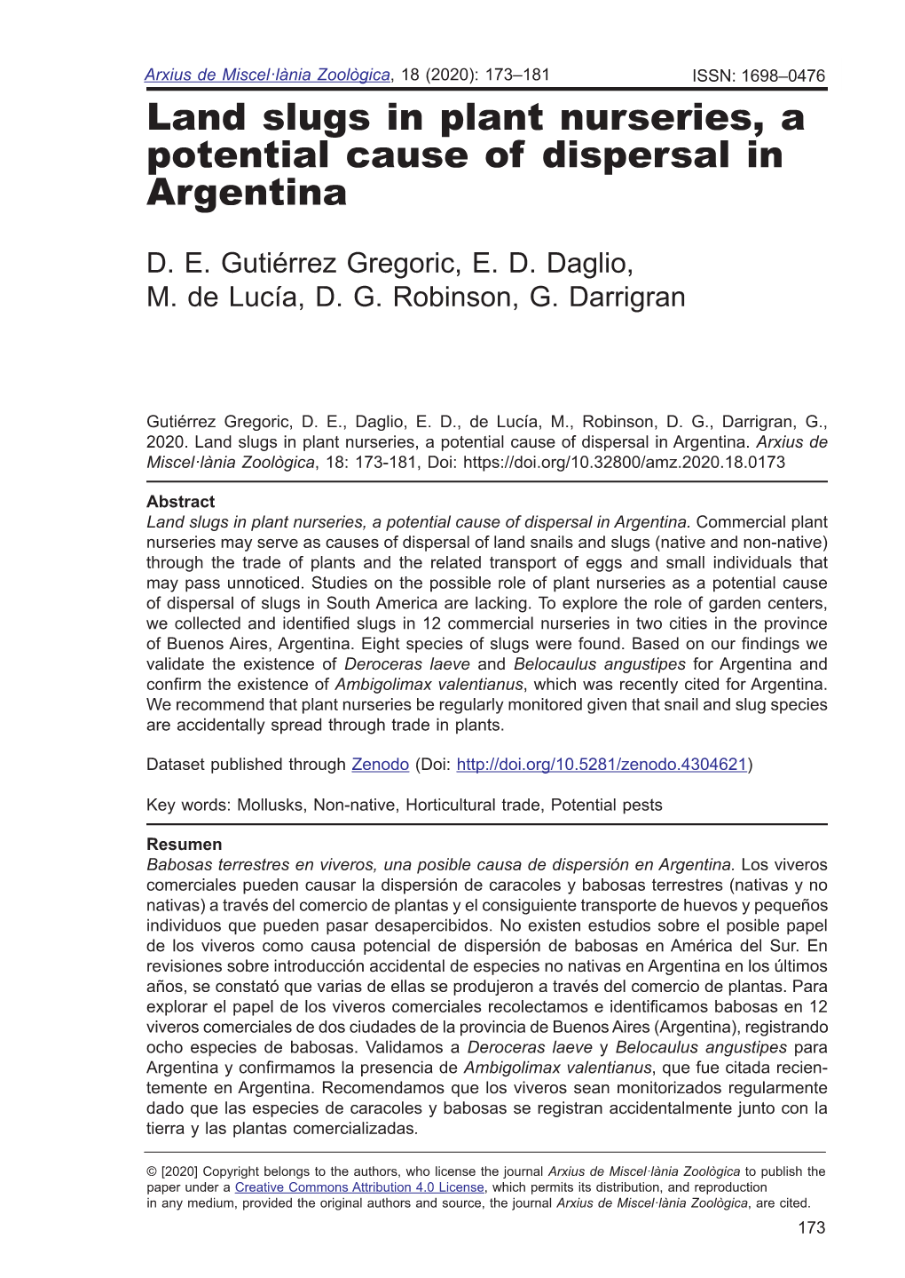 Land Slugs in Plant Nurseries, a Potential Cause of Dispersal in Argentina