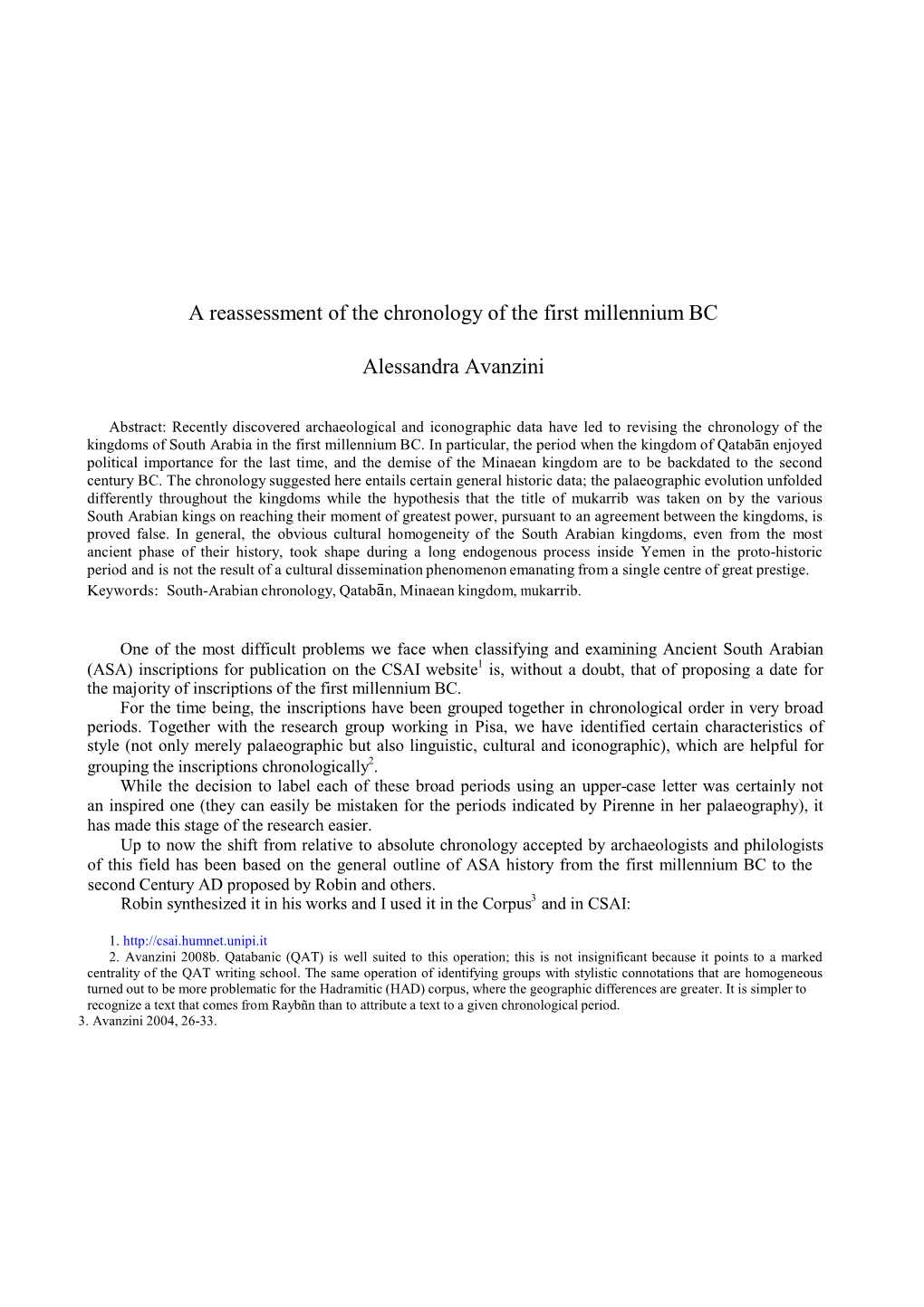 A Reassessment of the Chronology of the First Millennium BC Alessandra