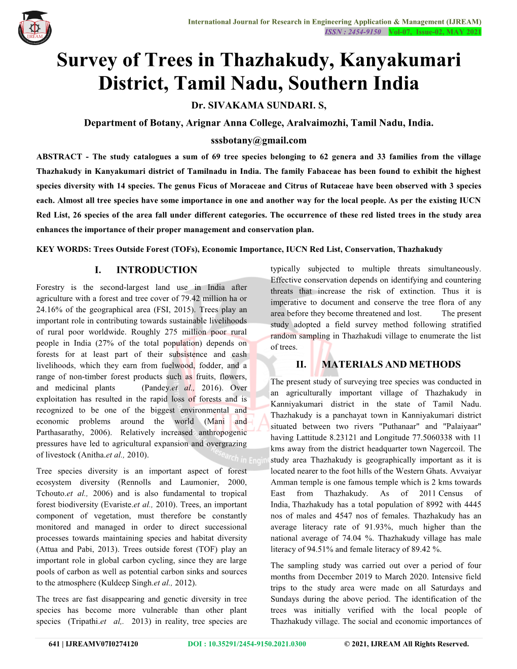 Survey of Trees in Thazhakudy, Kanyakumari District, Tamil Nadu, Southern India Dr