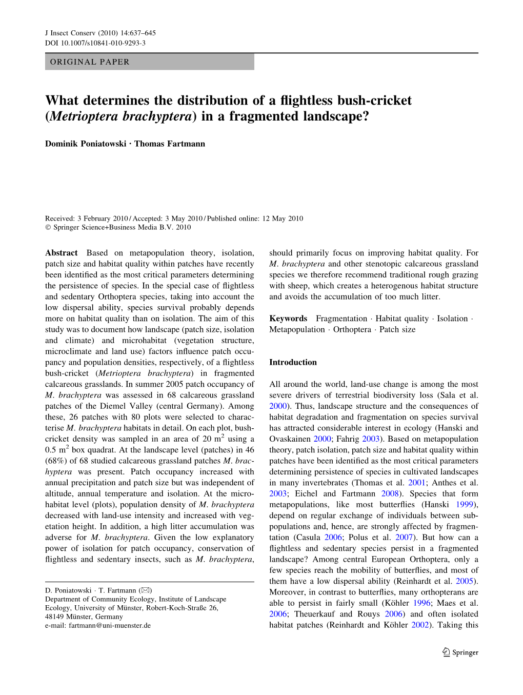 What Determines the Distribution of a Flightless Bush-Cricket (Metrioptera