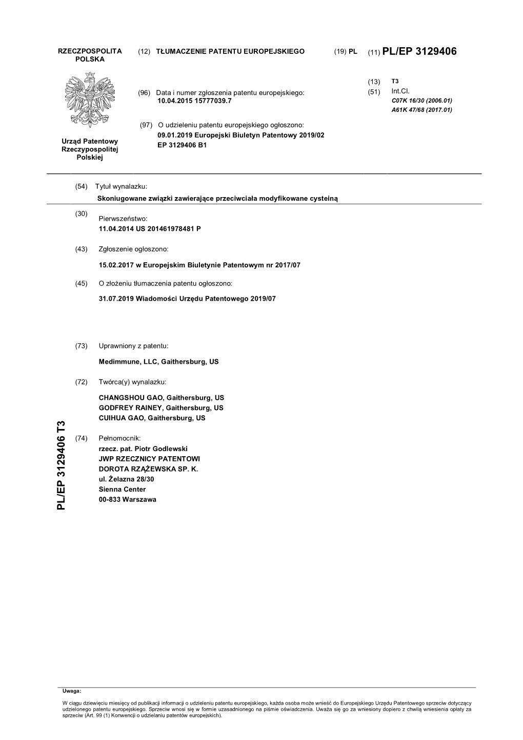 Tłumaczenie Patentu Europejskiego (19) Pl (11) Pl/Ep 3129406 Polska