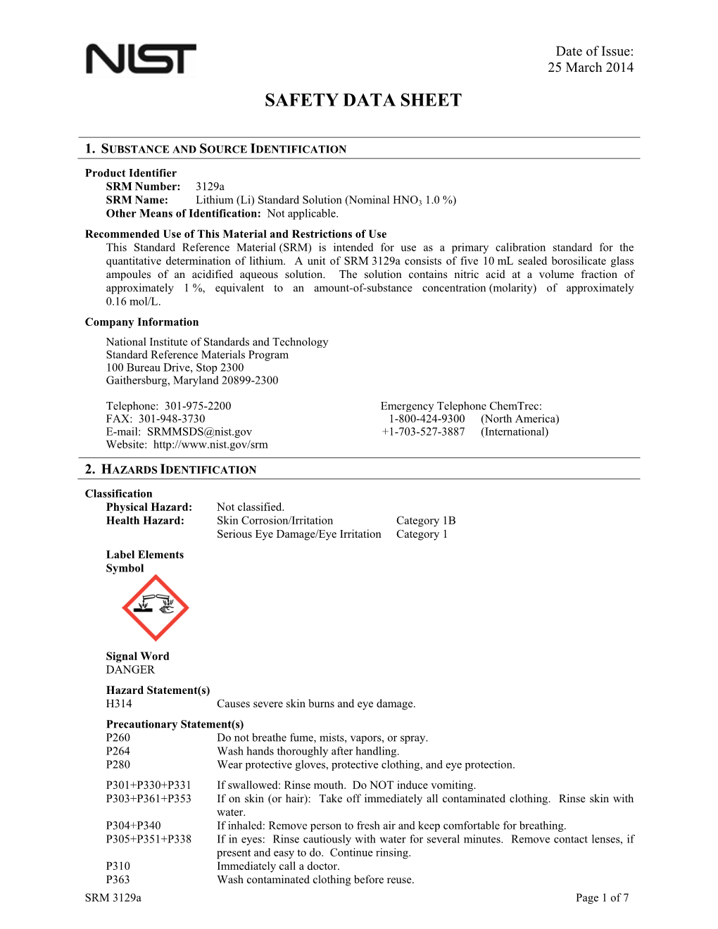 MSDS@Nist.Gov +1-703-527-3887 (International) Website