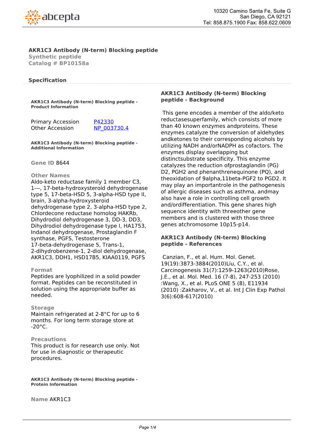 AKR1C3 Antibody (N-Term) Blocking Peptide Synthetic Peptide Catalog # Bp10158a