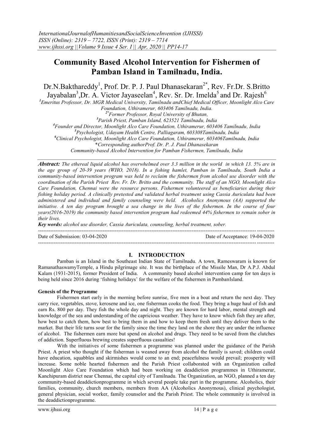 Community Based Alcohol Intervention for Fishermen of Pamban Island in Tamilnadu, India