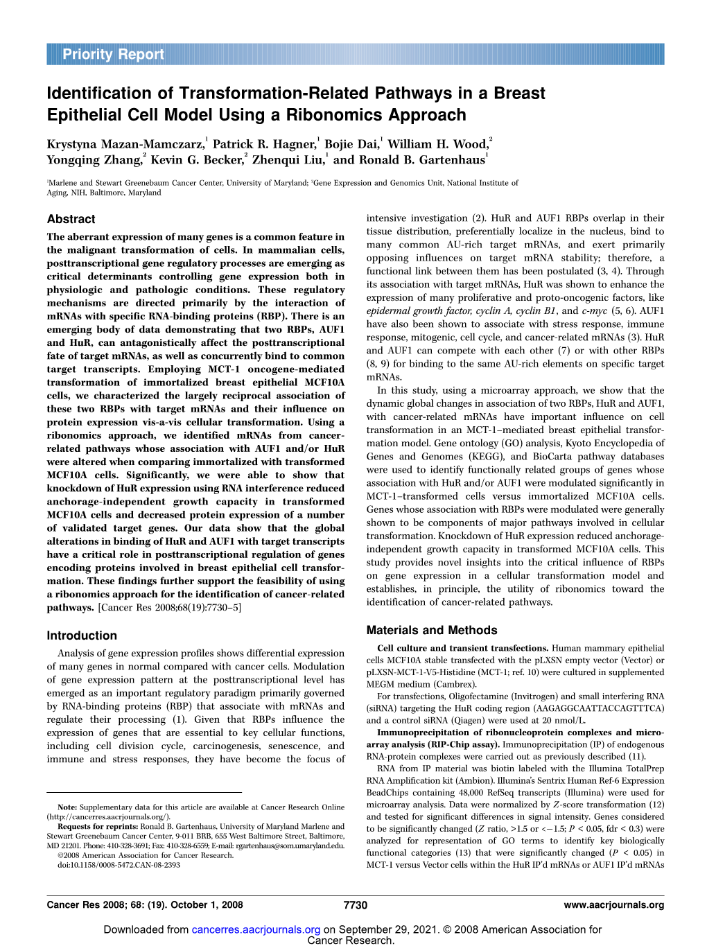 Identification of Transformation-Related Pathways in a Breast Epithelial Cell Model Using a Ribonomics Approach