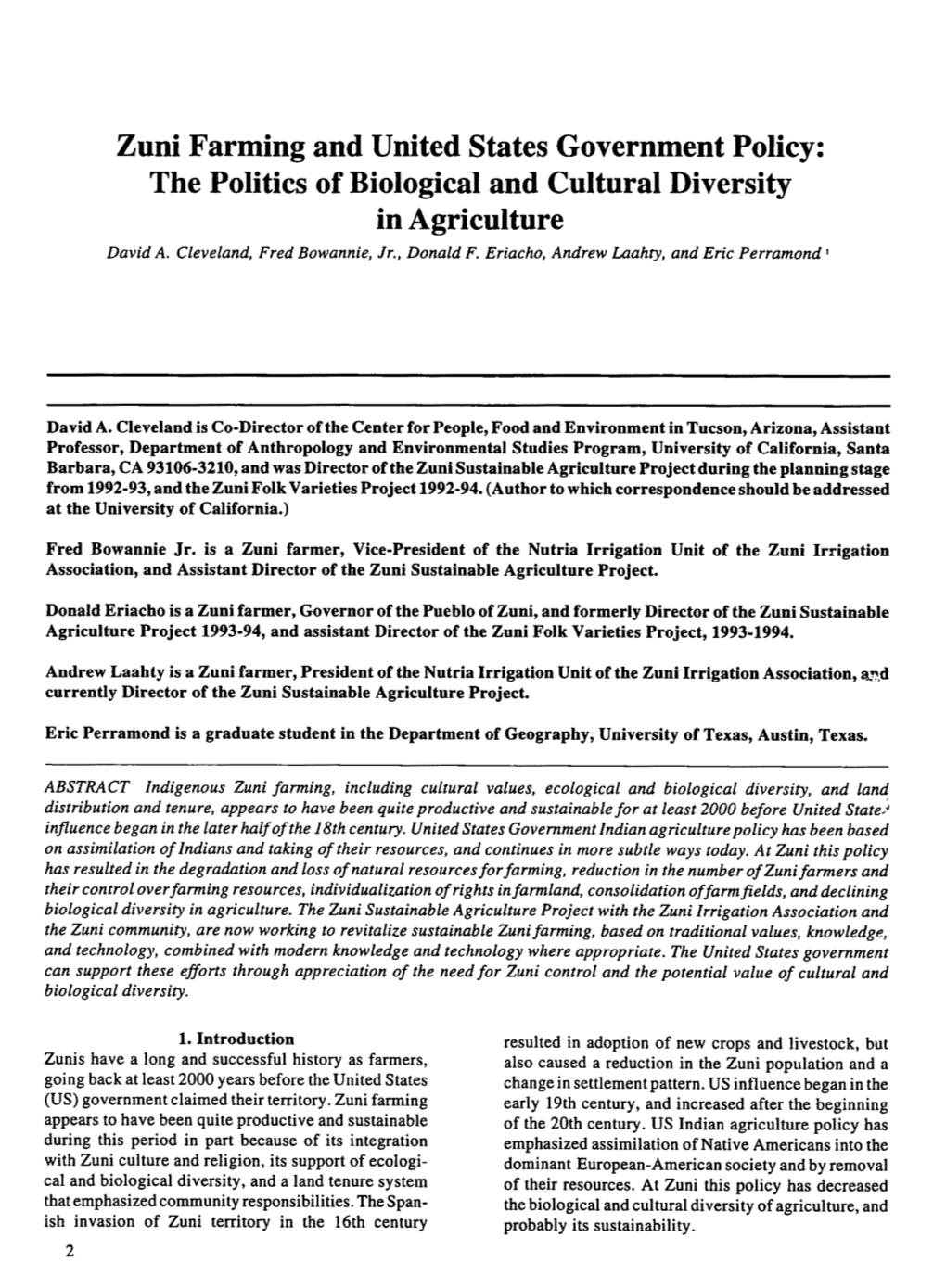 Zuni Farming and United States Government Policy: the Politics of Biological and Cultural Diversity in Agriculture David A