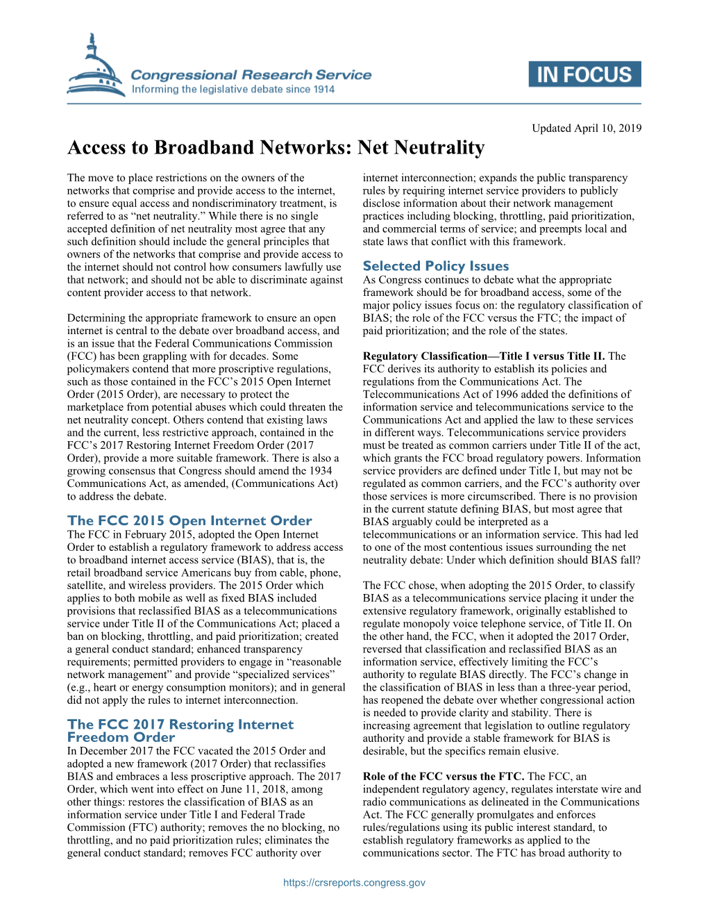 Access to Broadband Networks: Net Neutrality