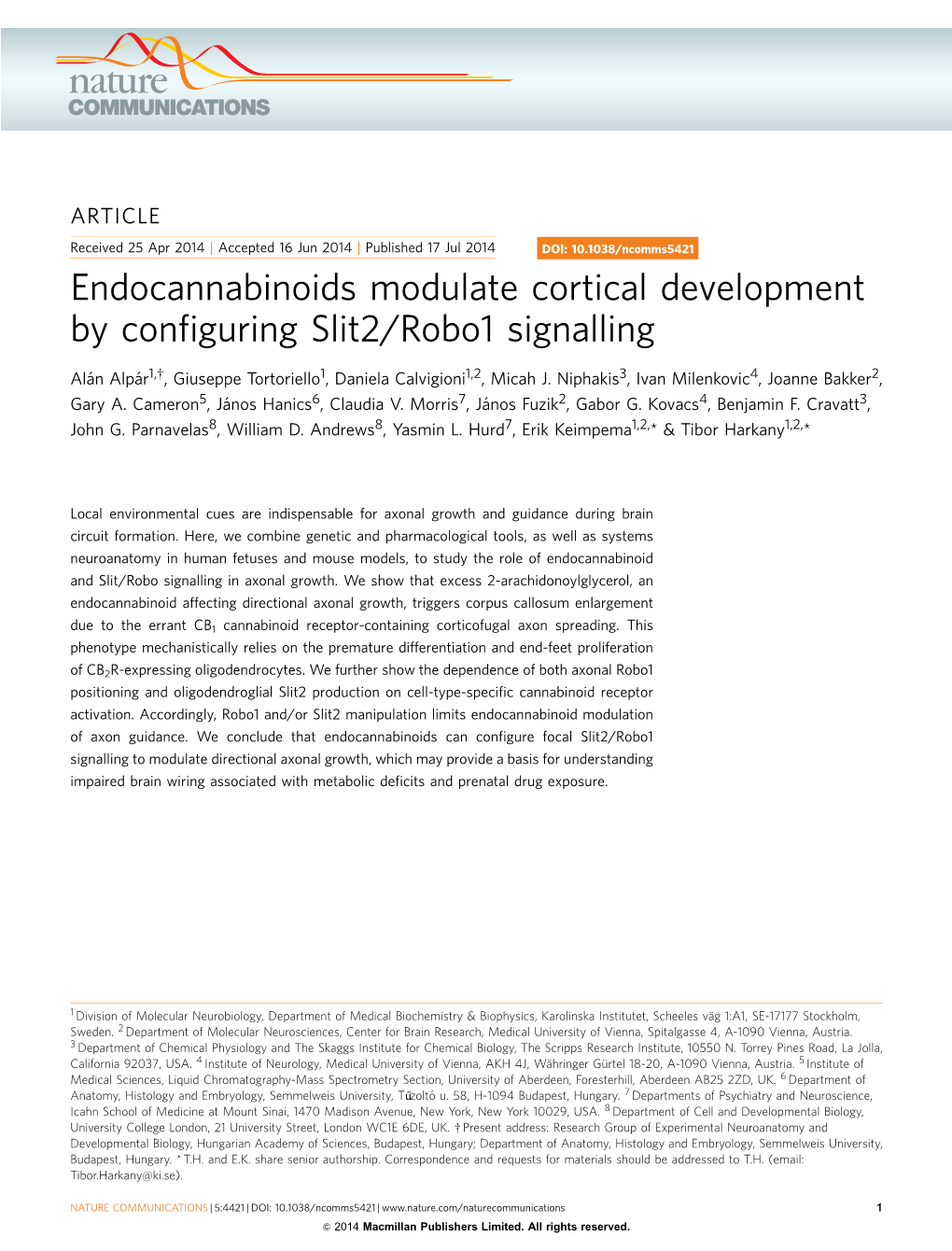 Endocannabinoids Modulate Cortical Development by Configuring Slit2/Robo1 Signalling