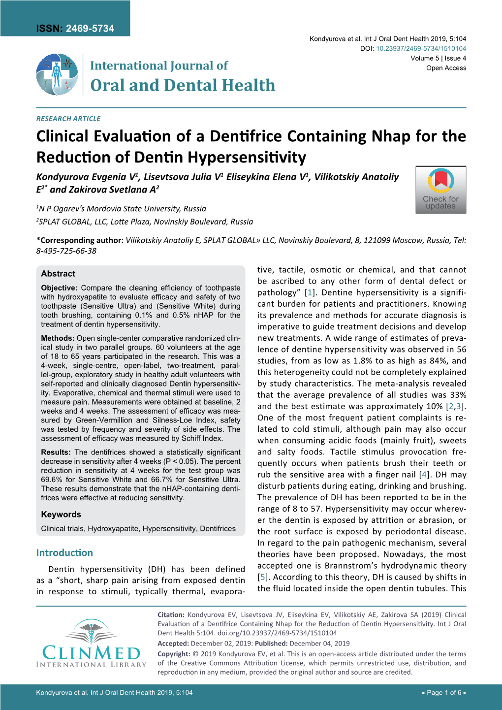 Clinical Evaluation of a Dentifrice Containing Nhap for the Reduction