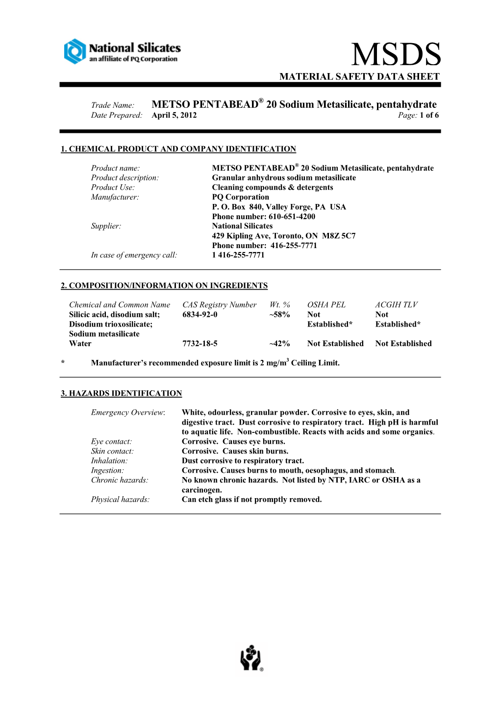 METSO BEADS® 2048 Sodium Metasilicate MSDS`