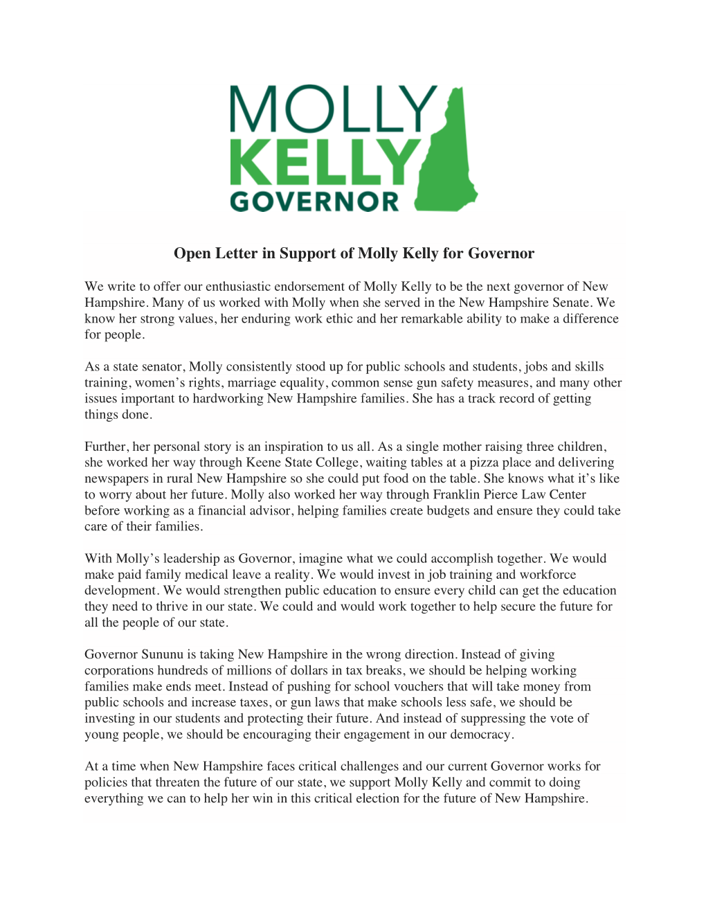 Open Letter in Support of Molly Kelly for Governor