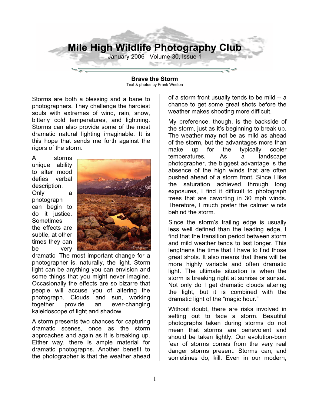 Mile High Wildlife Photography Club January 2006 Volume 30, Issue 1