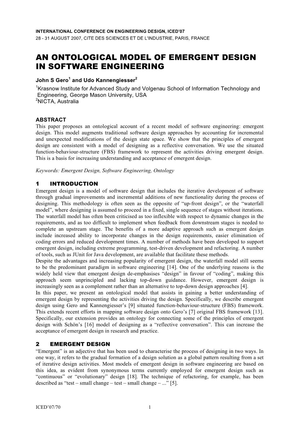 An Ontological Model of Emergent Design in Software Engineering