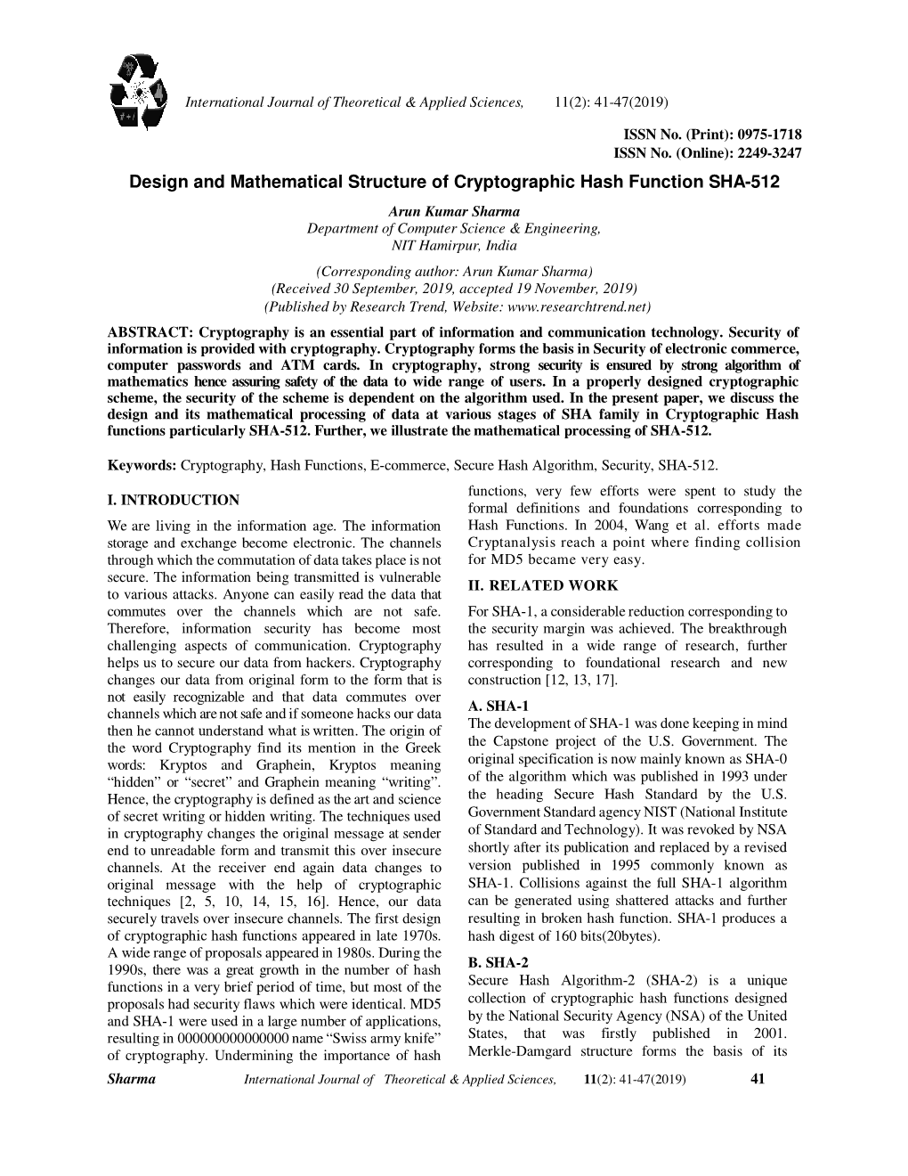 Design and Mathematical Structure of Cryptographic Hash Function SHA