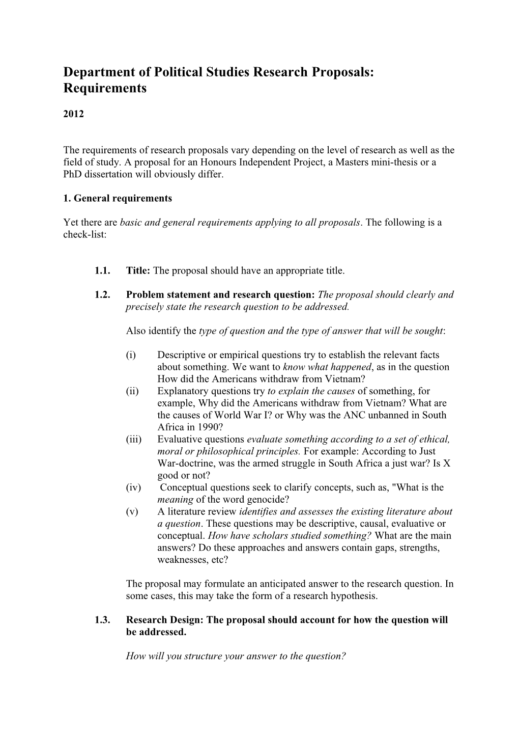 Department of Political Studies Research Proposals: Requirements