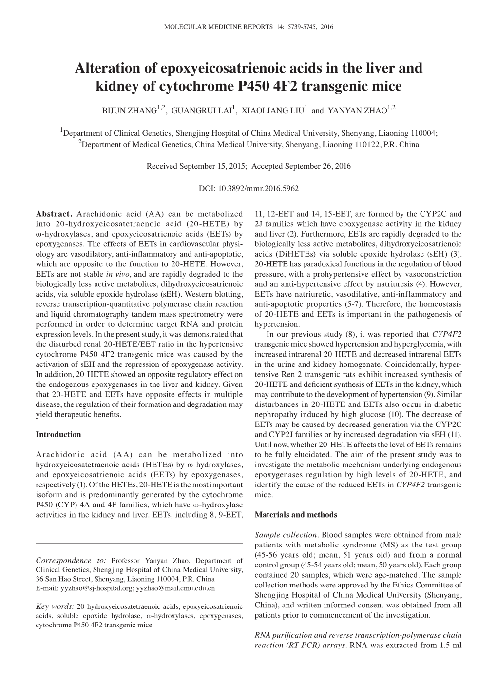 Alteration of Epoxyeicosatrienoic Acids in the Liver and Kidney of Cytochrome P450 4F2 Transgenic Mice