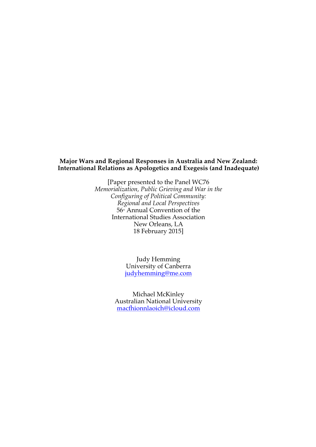 Major Wars and Regional Responses in Australia and New Zealand: International Relations As Apologetics and Exegesis (And Inadequate)