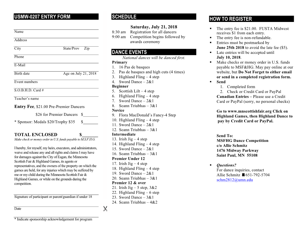 Highland Dance Competition Will There Is NO Admission Fee for the 15Th Annual Conform to S.O.B.H.D