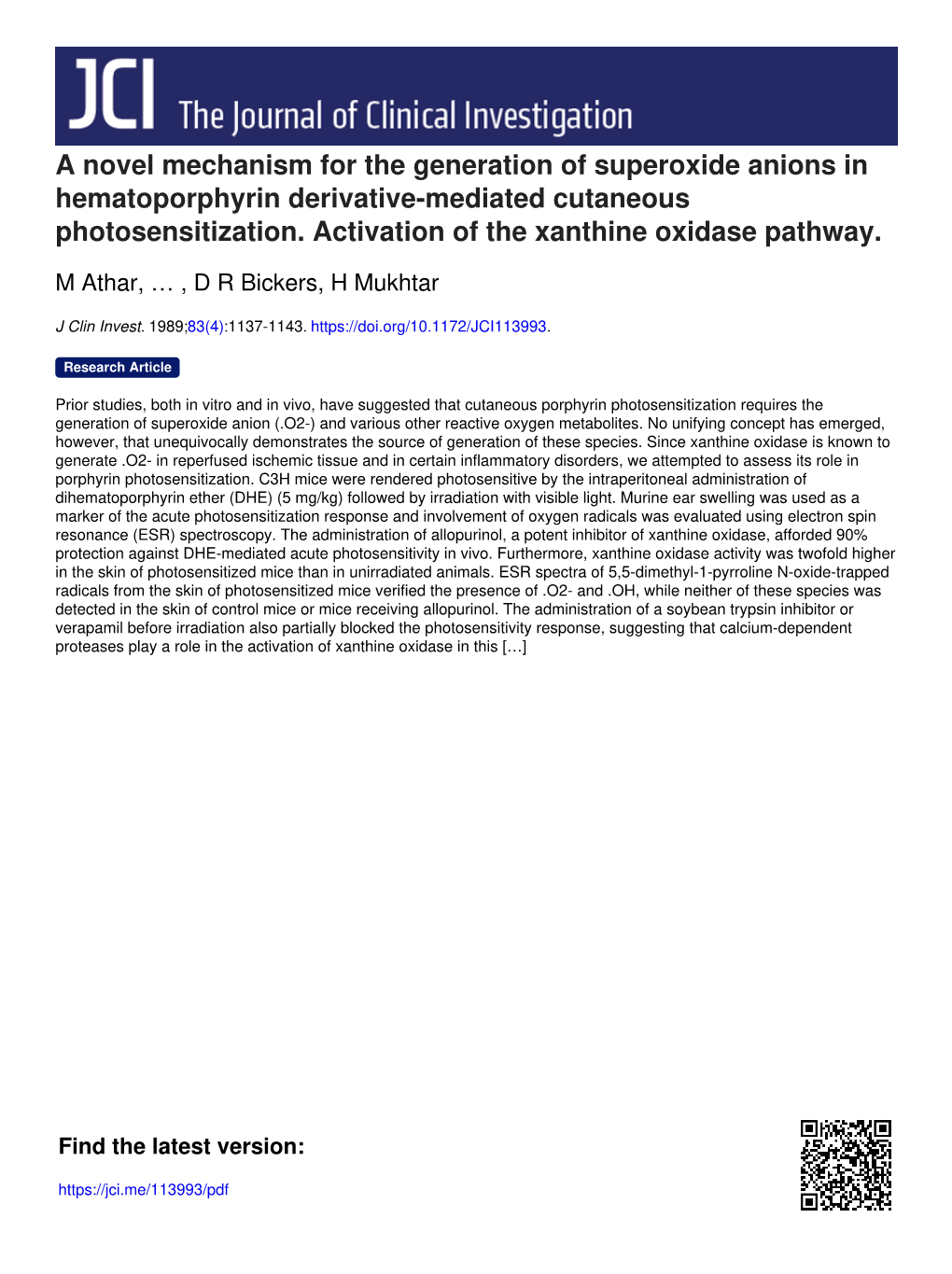 A Novel Mechanism for the Generation of Superoxide Anions in Hematoporphyrin Derivative-Mediated Cutaneous Photosensitization