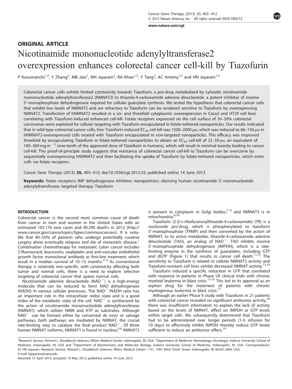 Nicotinamide Mononucleotide Adenylyltransferase2 Overexpression Enhances Colorectal Cancer Cell-Kill by Tiazofurin