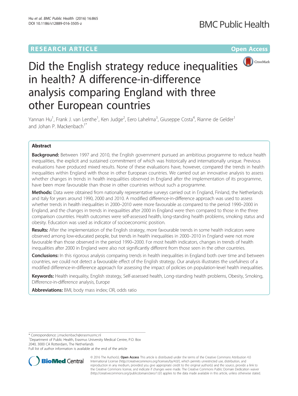 Did the English Strategy Reduce Inequalities in Health? a Difference-In-Difference Analysis Comparing England with Three Other European Countries Yannan Hu1, Frank J