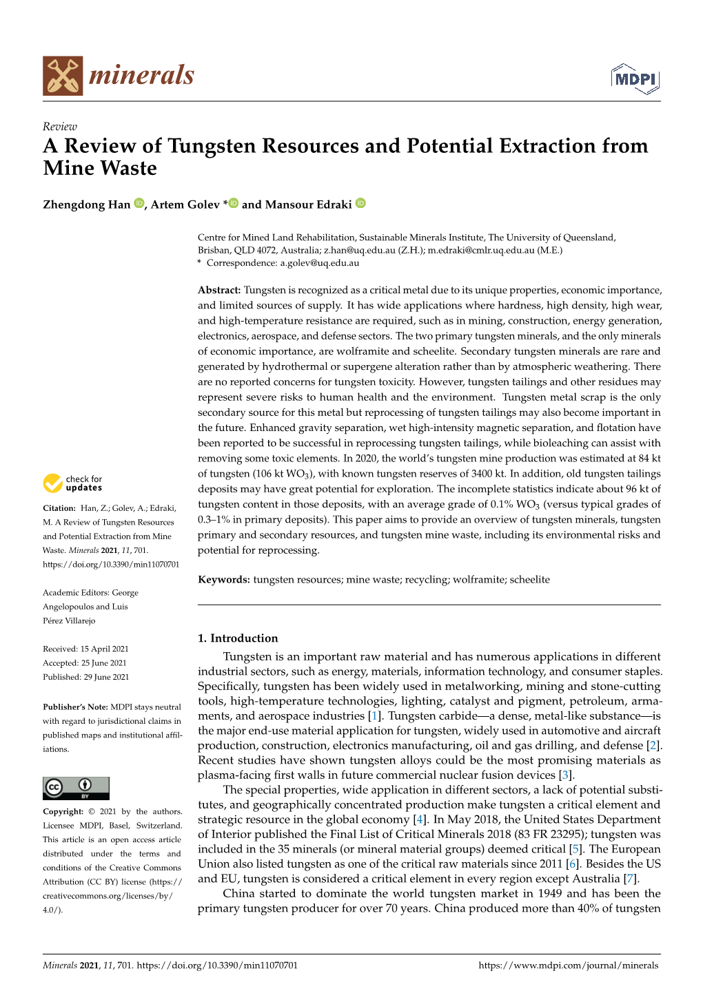 A Review of Tungsten Resources and Potential Extraction from Mine Waste